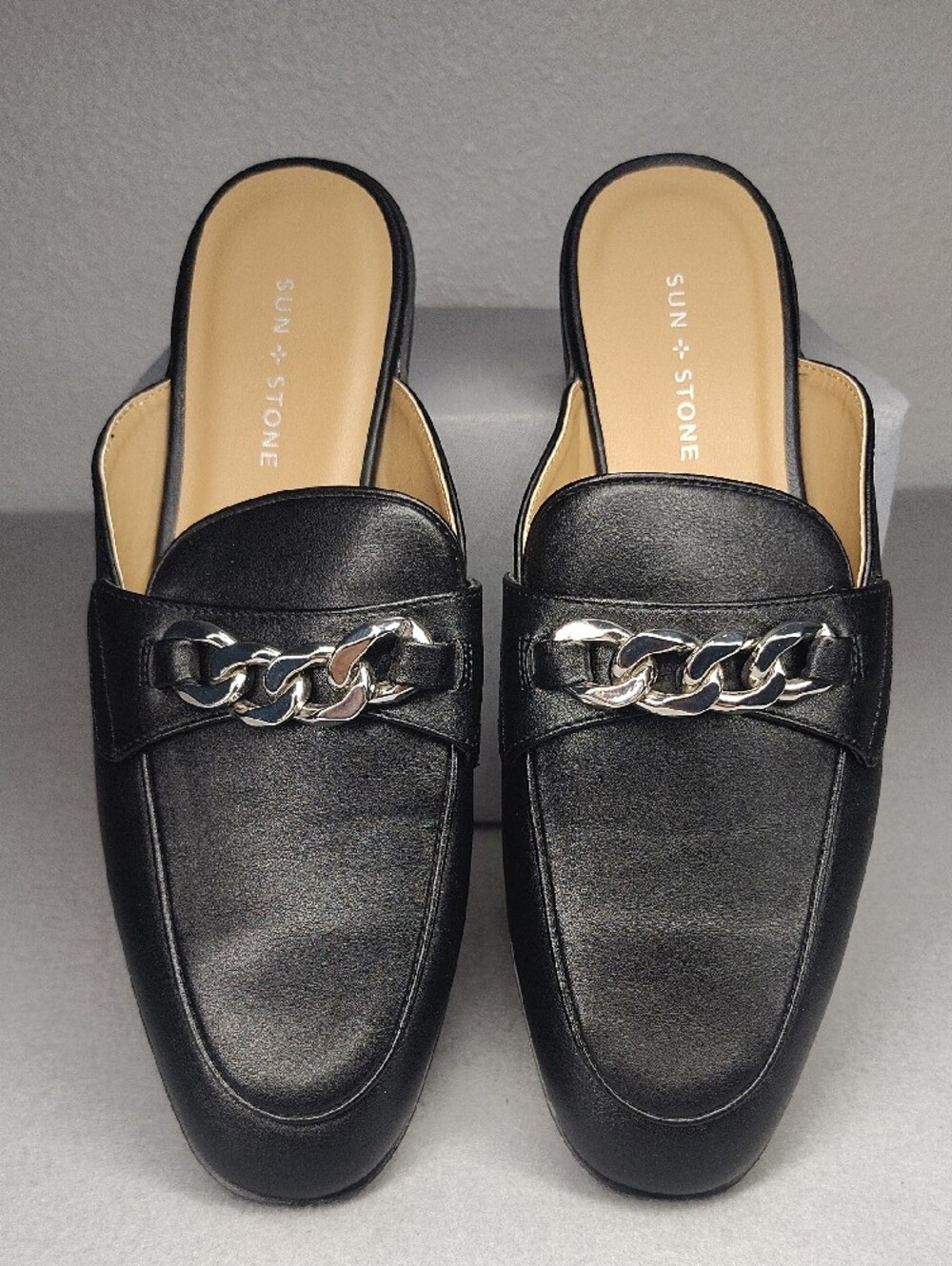 Sun + Stone Black Leather Chain Accent Slip-On Mules Size 10 - Picture 2 of 6